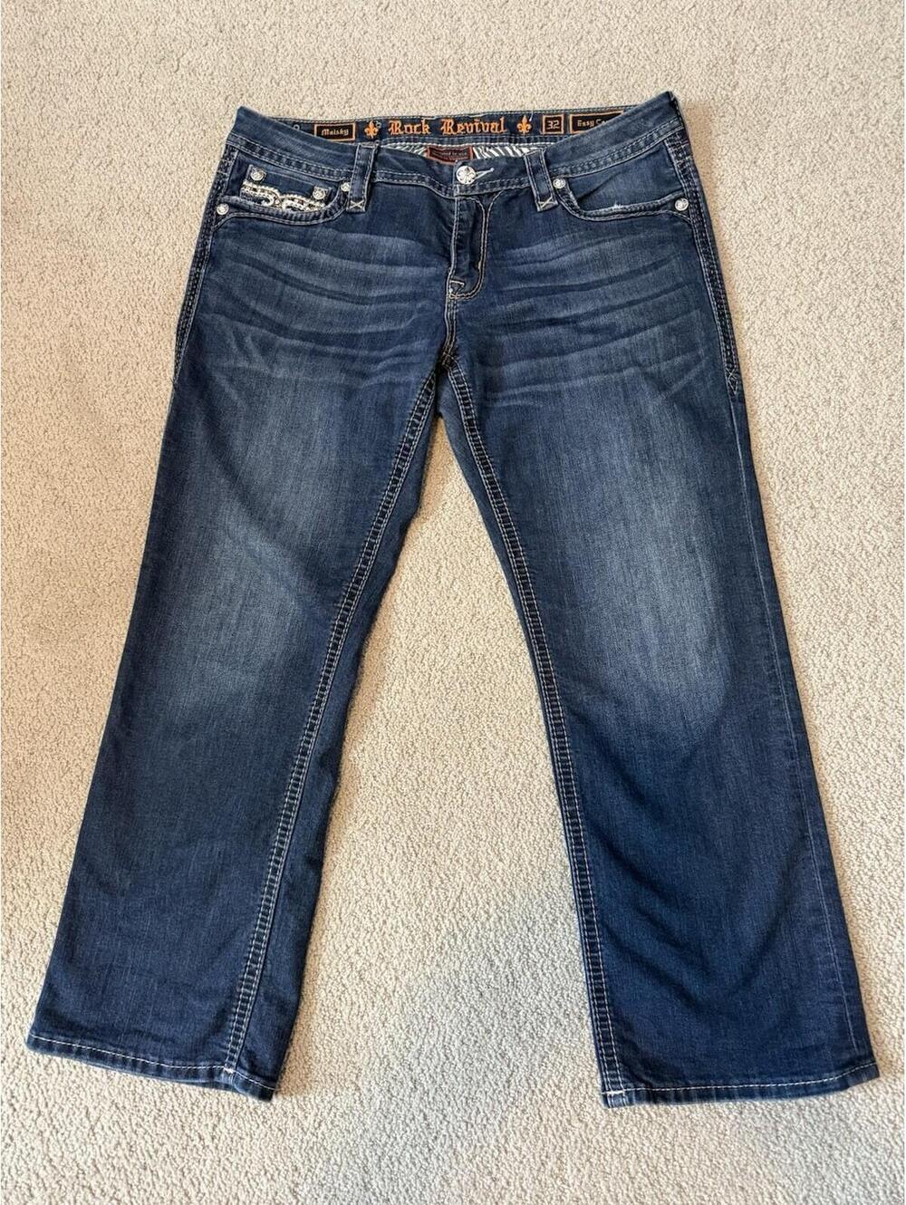 Rock Revival Jeans Womens 32 Blue Maisky Easy Capri Embellished Stretch Logo - Picture 2 of 12